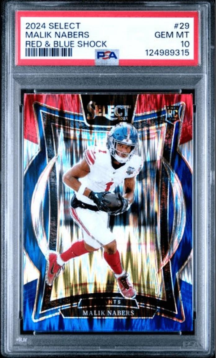 Graded 2024 Panini Select Malik Nabers #29 Red & Blue Shock RC Card PSA 10