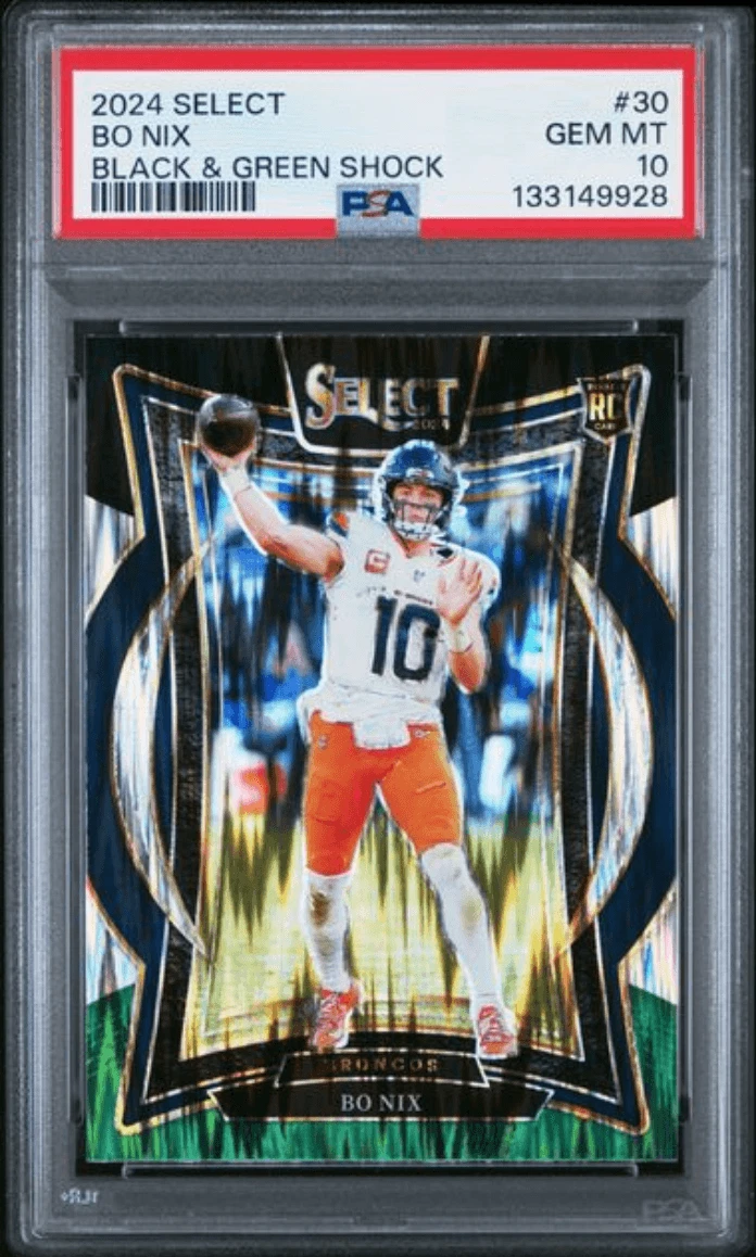 Graded 2024 Panini Select Bo Nix #30 Black & Green Shock Rookie Card PSA 10