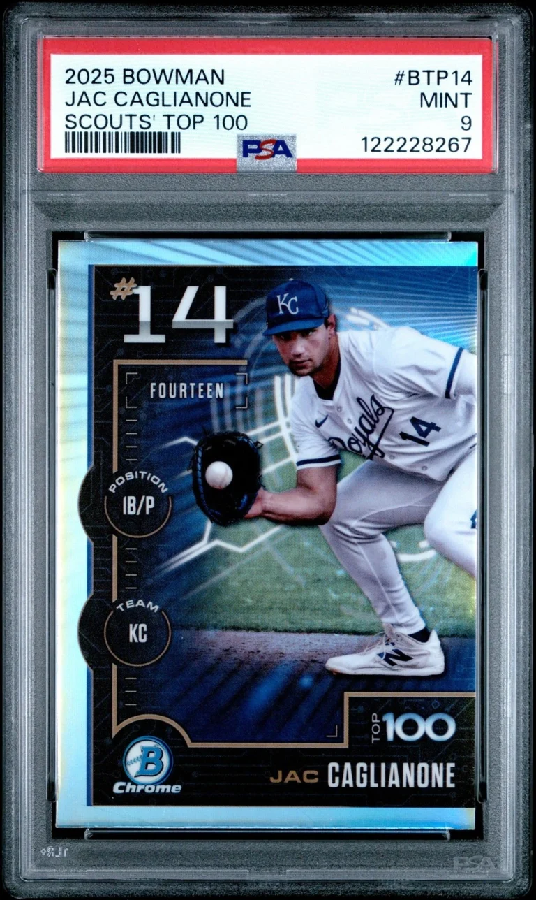 Graded 2025 Bowman Jac Caglianone #BTP14 Scouts Top 100 RC Card PSA 9