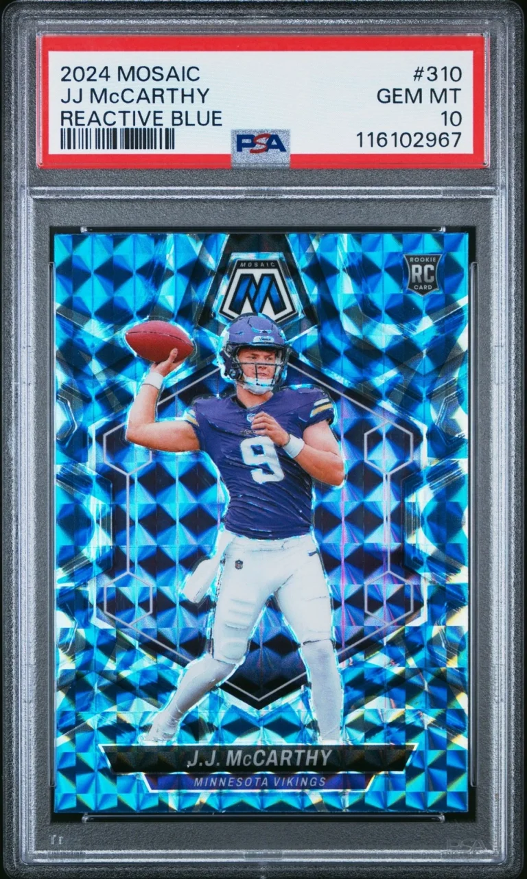 Graded 2024 Panini Mosaic JJ McCarthy #310 Reactive Blue RC Card PSA 10