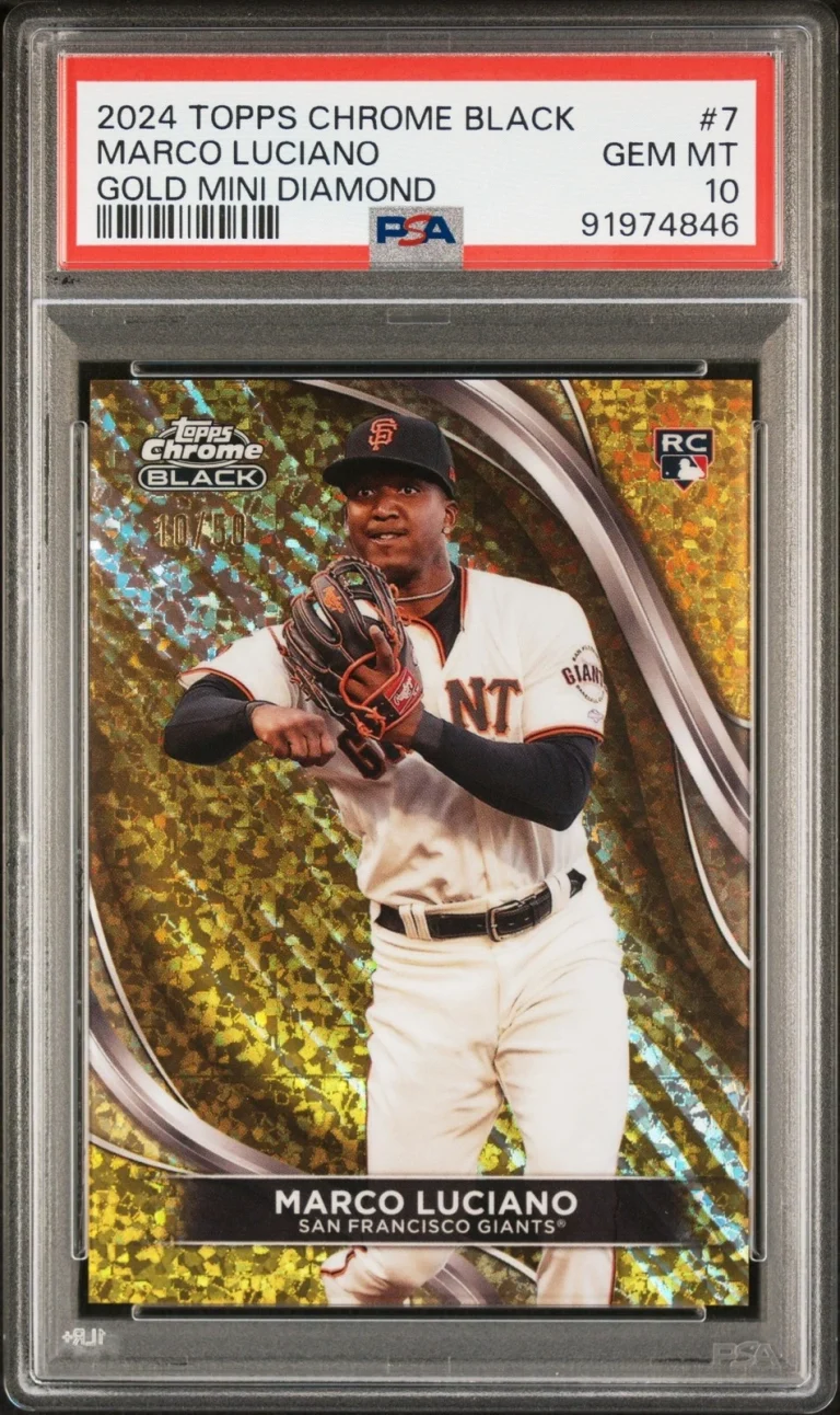 Graded 2024 Topps CHR Black Marco Luciano #7 Gold Mini /50 Card PSA 10
