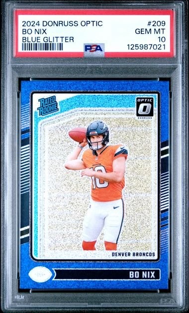 Graded 2024 Donruss Optic Bo Nix #209 Blue Glitter Rookie Card PSA 10