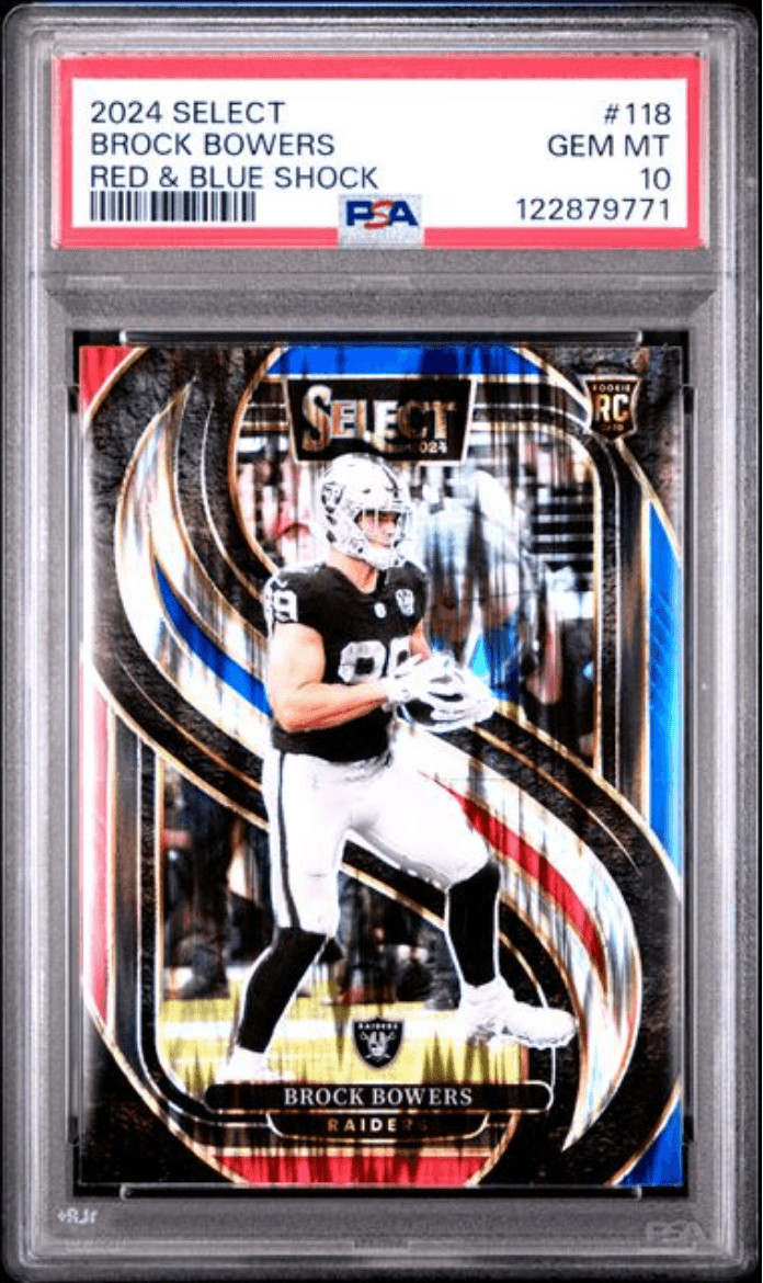 Graded 2024 Panini Select Brock Bowers #118 Red & Blue Shock RC Card PSA 10