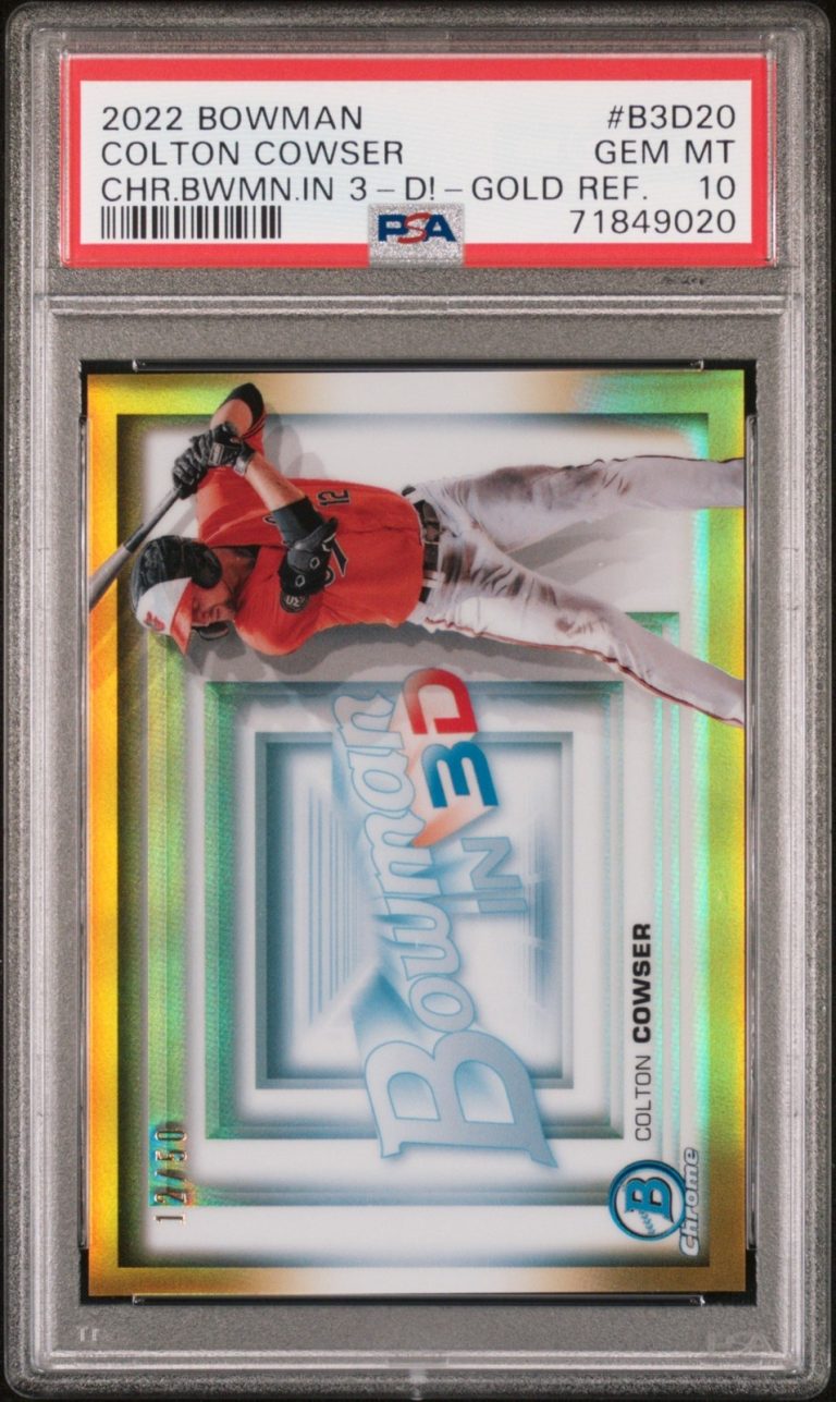 Graded 2022 Topps Colton Cowser #B3D20 3D Gold REF #/50 RC Card PSA 10