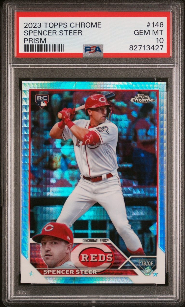 Graded 2023 Topps Chrome Spencer Steer #146 Prism Rookie RC Card PSA 10