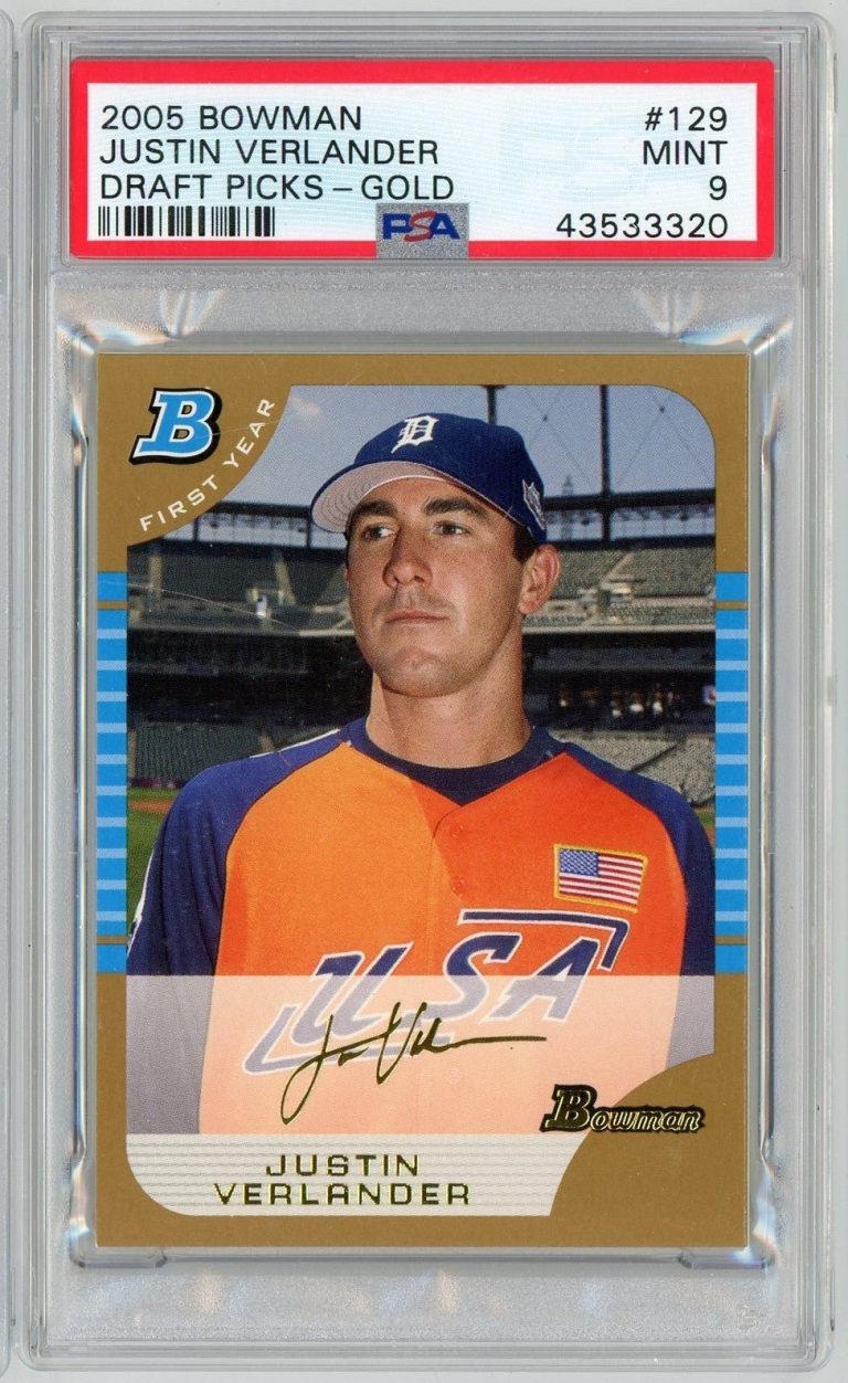 Graded 2005 Bowman Draft Picks Gold Justin Verlander #BDP129 RC Card PSA 9
