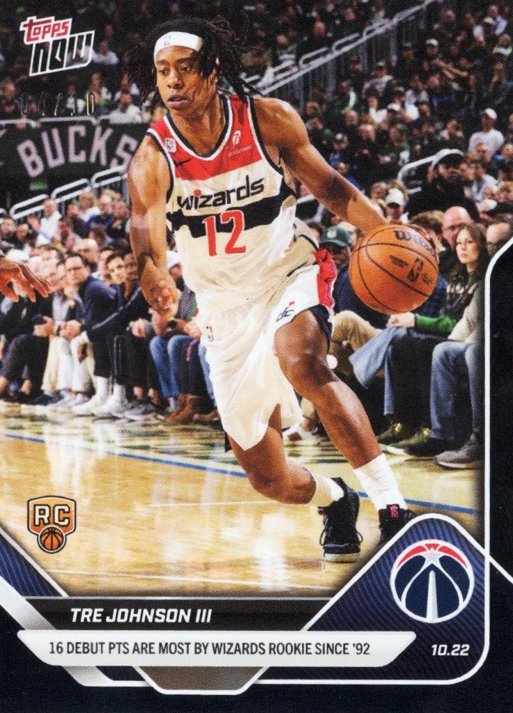 2025 Topps Now Tre Johnson 14 Black Foil /10 Washington Wizards Rookie Card
