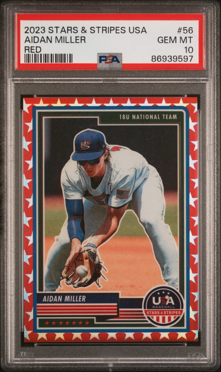Graded 2023 Stars & Stripes USA Aidan Miller #56 Red #/149 Card PSA 10
