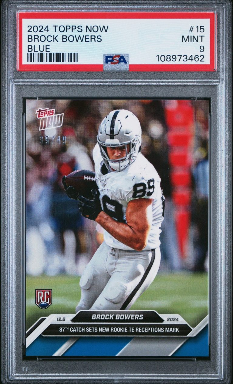 Graded 2024 Topps Now Brock Bowers #15 Blue /49 Rookie RC Card PSA 9