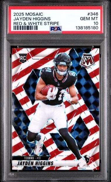 Graded 2025 Mosaic Jayden Higgins 346 Red White Stripe RC Card PSA 10
