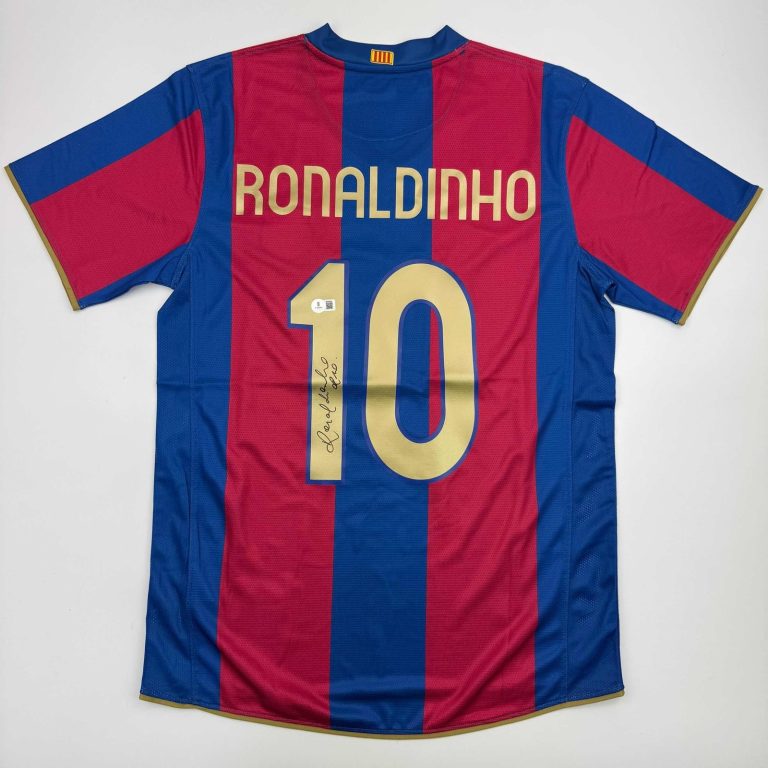 Autographed/Signed Ronaldinho Barcelona Blue/Red Jersey Beckett BAS COA