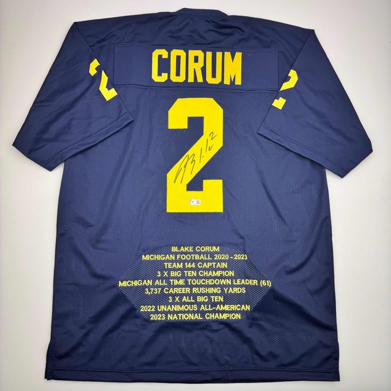 Autographed/Signed Blake Corum Michigan Blue Stat Jersey Beckett COA