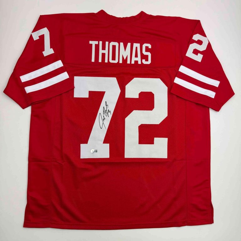 Autographed/Signed Joe Thomas Wisconsin Red College Jersey Beckett BAS COA