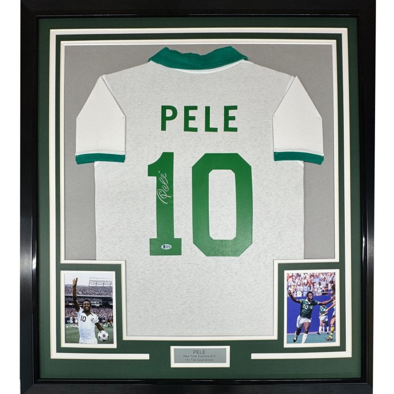 Framed Autographed/Signed Pele 35x39 New York Cosmos White Jersey BAS COA