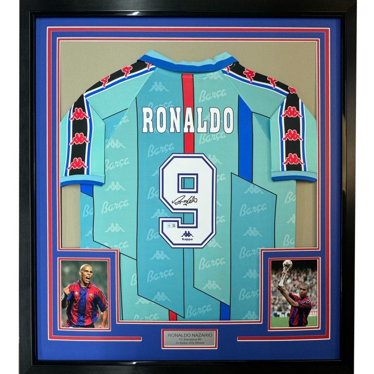 Framed Autographed/Signed Ronaldo Nazario 33x42 Barcelona Teal Jersey COA