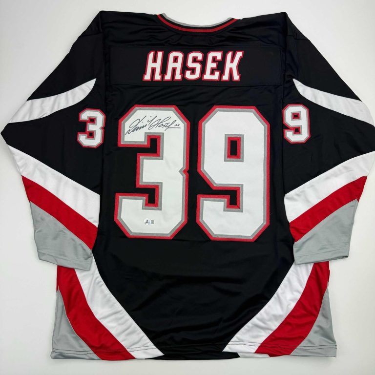 Autographed/Signed Dominik Hasek Buffalo Black Jersey Beckett BAS COA