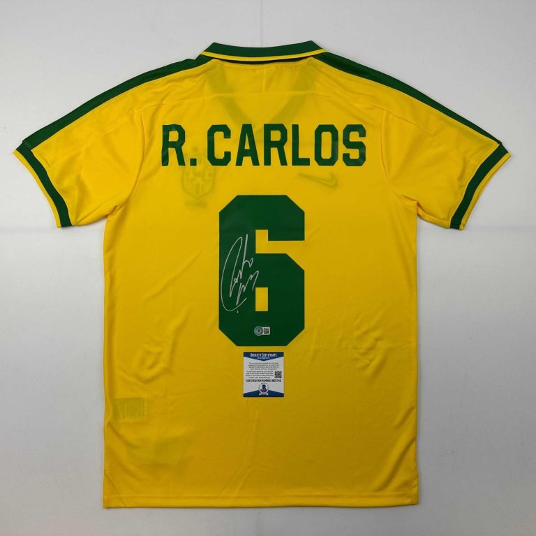 Autographed/Signed Roberto Carlos Brazil Yellow Retro Jersey Beckett COA