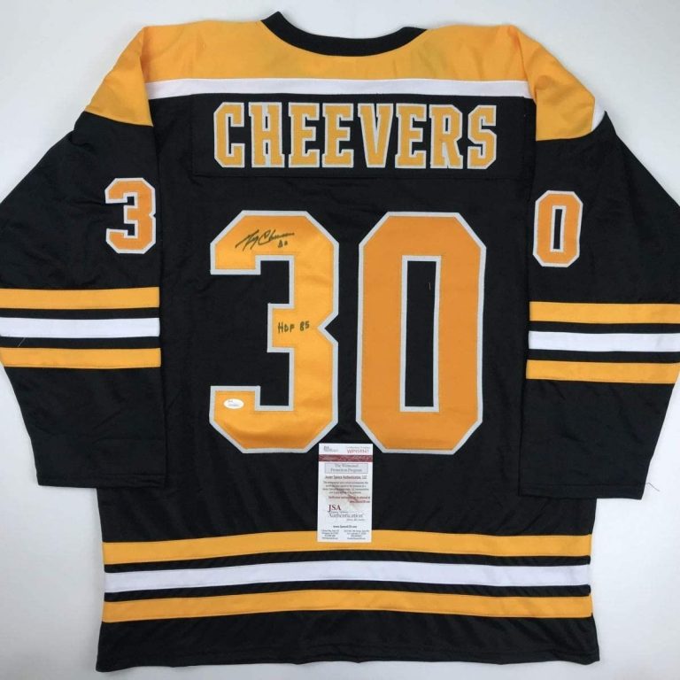 Autographed/Signed GERRY CHEEVERS HOF 85 Boston Black Jersey JSA COA Auto
