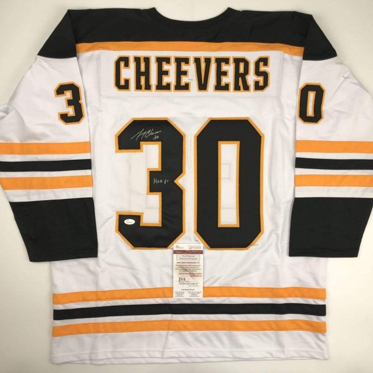 Autographed/Signed GERRY CHEEVERS HOF 85 Boston White Jersey JSA COA Auto