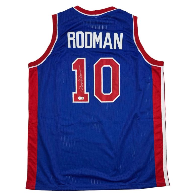 Autographed/Signed Dennis Rodman Detroit Blue Jersey Beckett BAS COA