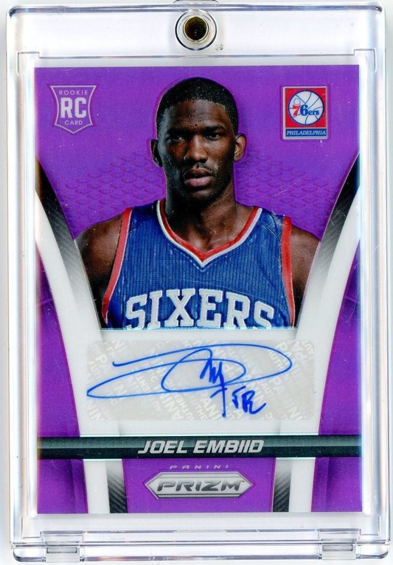 2014 Panini Prizm Joel Embiid #3 Purple Prizm Auto /99 RC Basketball Card