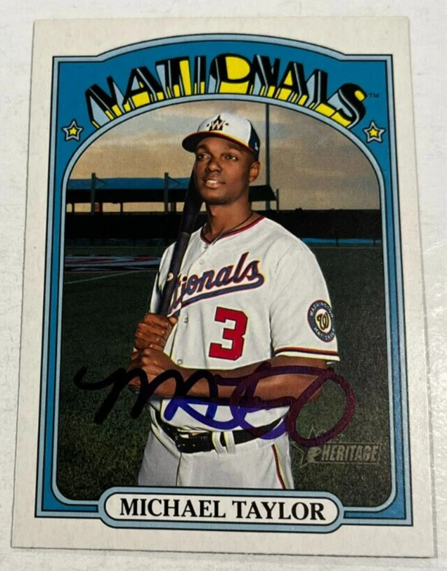 MICHAEL TAYLOR SIGNED 2021 TOPPS HERITAGE BASEBALL CARD AUTO