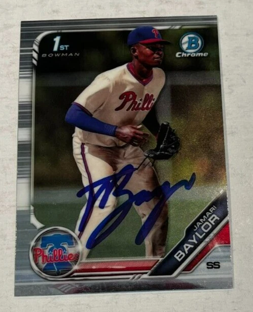 JAMARI BAYLOR SIGNED 2019 BOWMAN CHROME DRAFT PROSPECT BASEBALL CARD AUTO