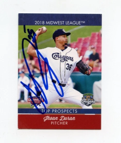 JHOAN DURAN SIGNED 2018 MIDWEST LEAGUE TOP PROSPECT CARD AUTO