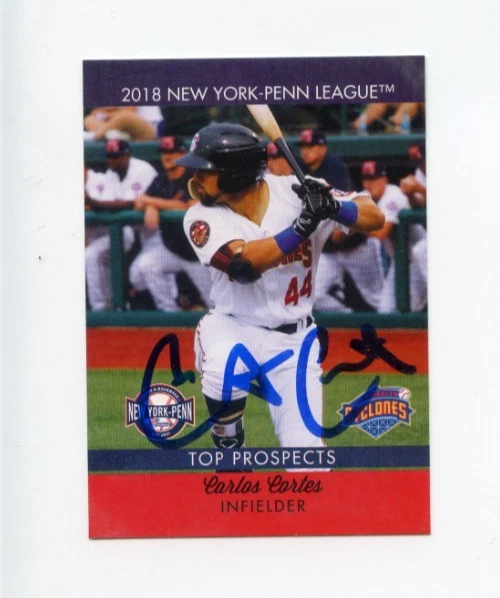 CARLOS CORTES SIGNED 2018 NEW YORK PENN LEAGUE TOP PROSPECT CARD AUTO