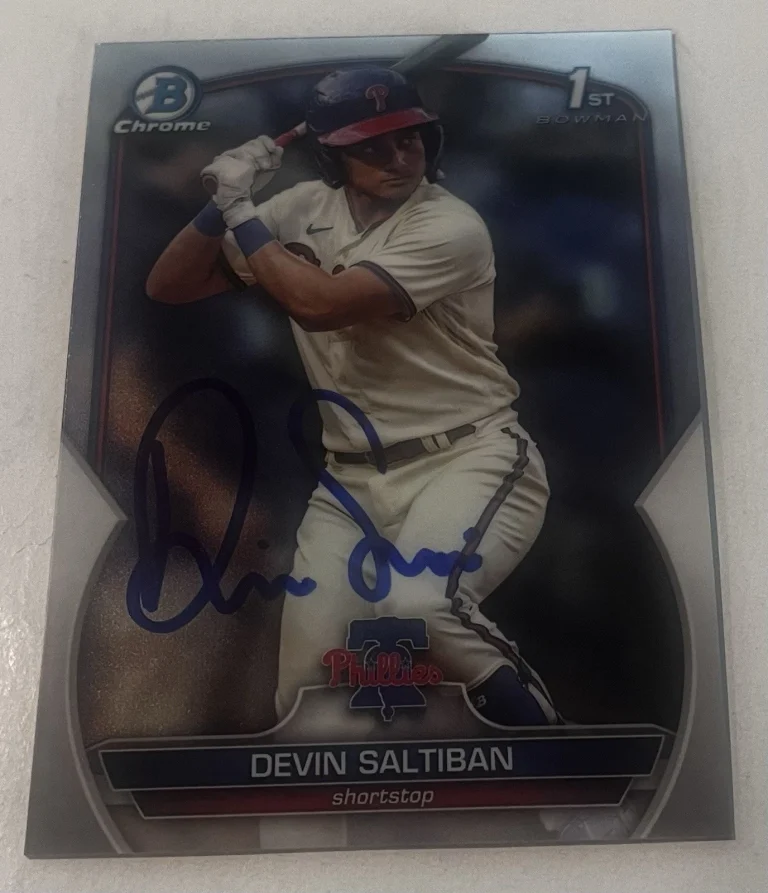 DEVIN SALTIBAN SIGNED 2023 BOWMAN CHROME DRAFT PROSPECT BASEBALL CARD AUTO