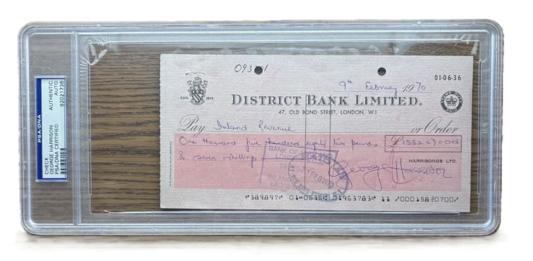 George Harrison Signed 1970 Bank Check to UK IRS Beatles Era PSA PSA/DNA