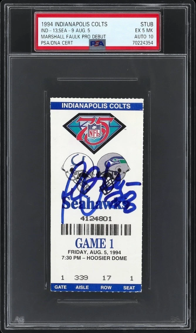 Marshall Faulk Signed 1994 Colts Seahawks Pro Debut Ticket Stub Auto PSA PSA/DNA