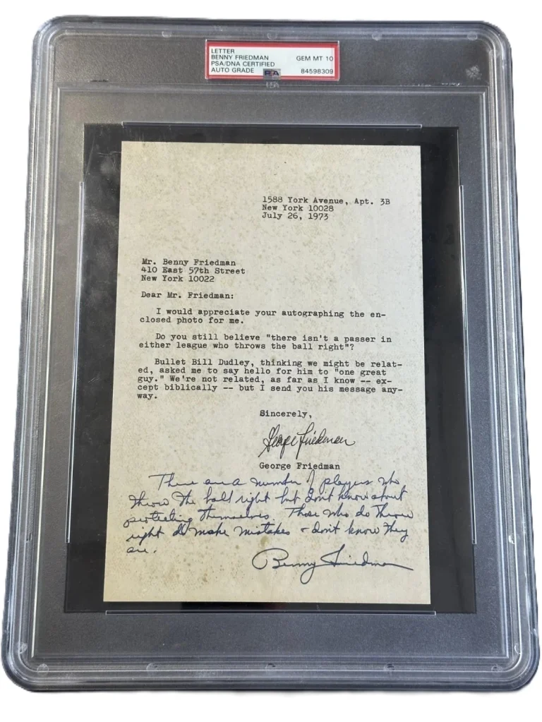 Benny Friedman Signed Auto Handwritten 1973 Passing Letter PSA DNA Gem Mint 10