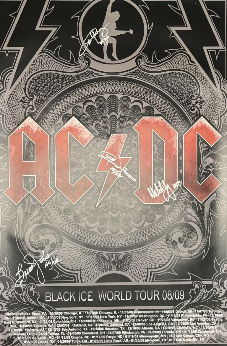 AC/DC Group Signed Auto 2008-09 Black Ice World Tour 22x34 Poster 4 Sigs GRAD