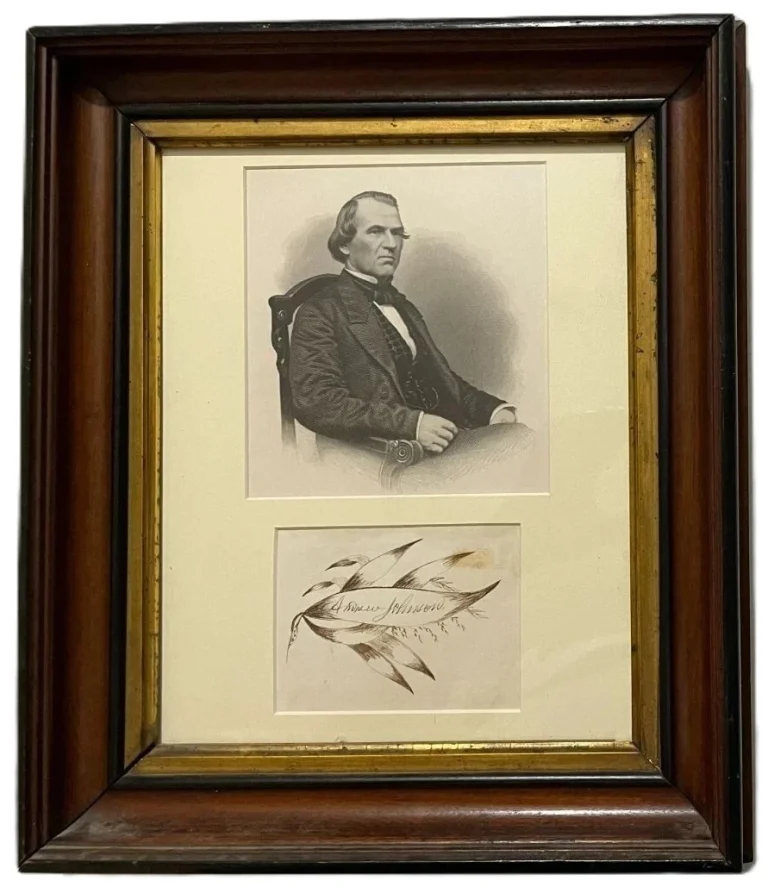 President Andrew Johnson Signed Auto 4x4 Sketch Framed Display Beckett BAS