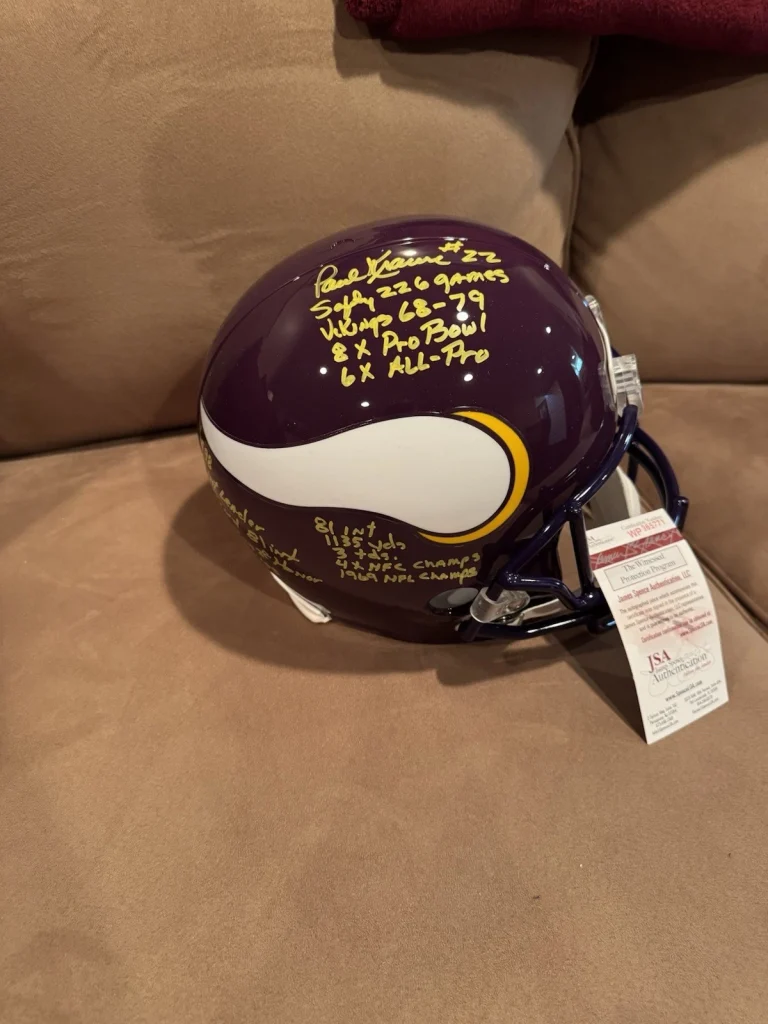 RARE PAUL KRAUSE SIGNED VIKINGS STAT RIDDELL HELMET JSA 15 INSCRIPTIONS