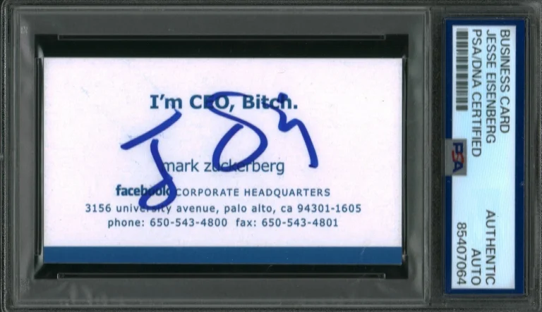 JESSE EISENBERG SIGNED MARK ZUCKERBERG BUSINESS CARD THE SOCIAL NETWORK PSA SLAB