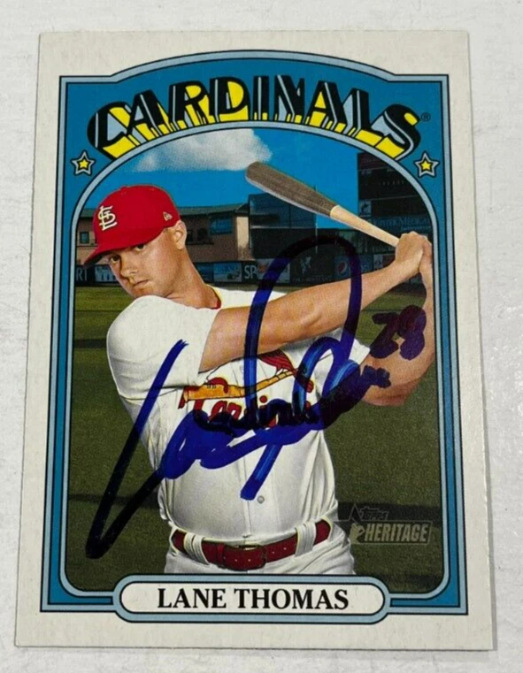 LANE THOMAS SIGNED 2021 TOPPS HERITAGE BASEBALL CARD AUTO