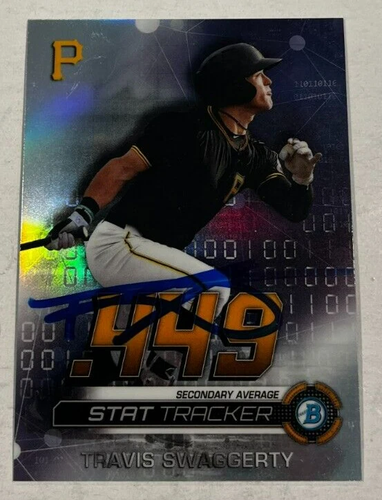 TRAVIS SWAGGERTY SIGNED 2019 BOWMAN CHROME STAT TRACKER BASEBALL CARD AUTO