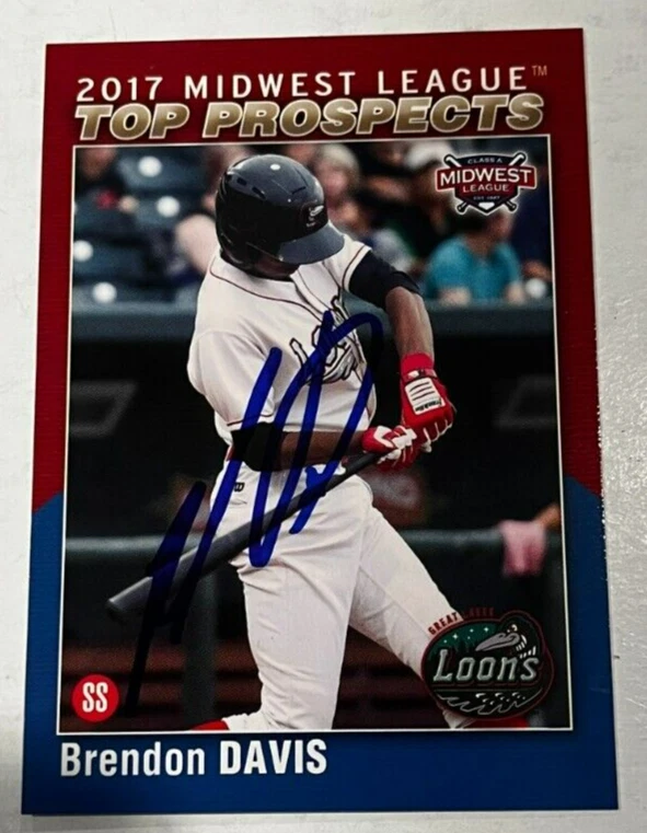 BRENDON DAVIS SIGNED 2017 MIDWEST LEAGUE TOP PROSPECT ROOKIE CARD AUTO