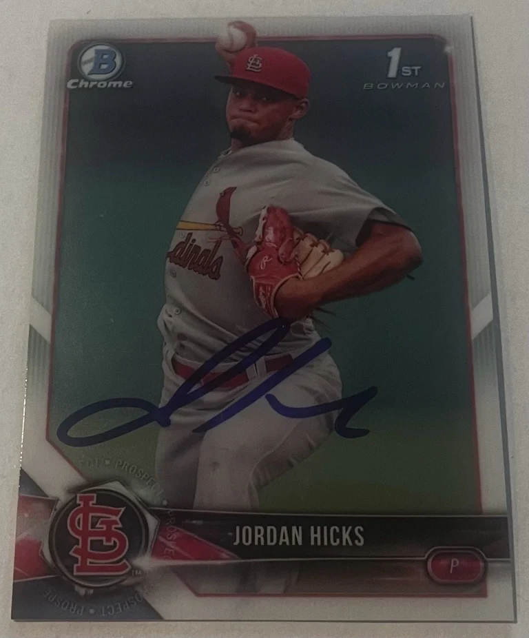 JORDAN HICKS SIGNED 2018 BOWMAN CHROME PROSPECT CARD AUTO