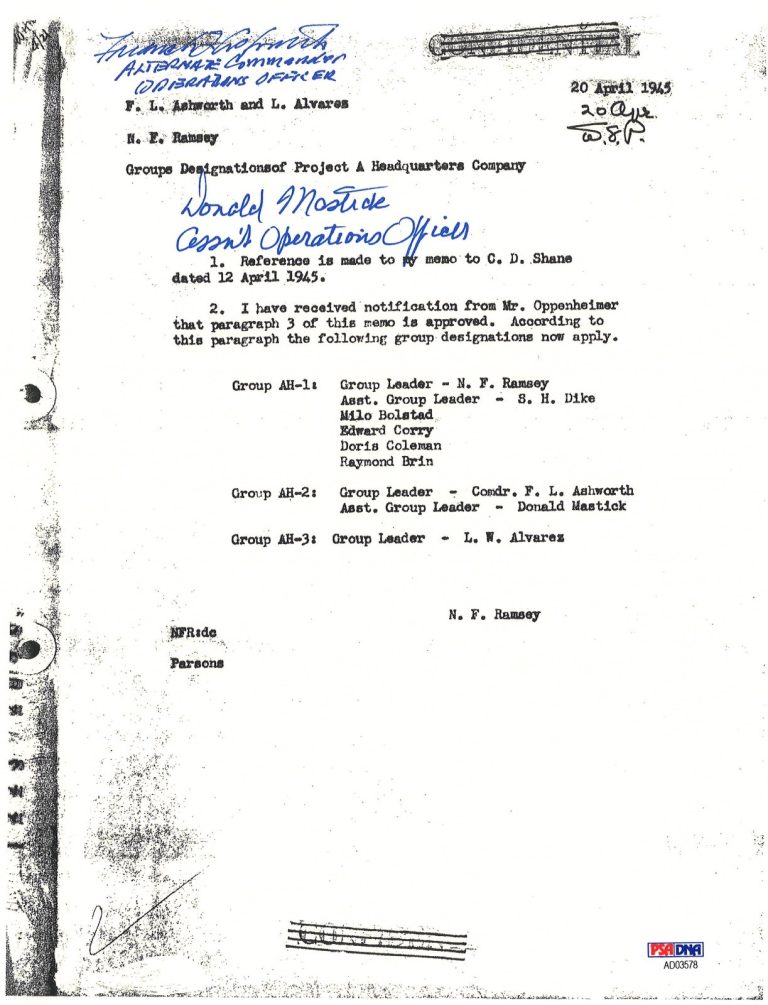 FREDERICK ASHWORTH / DON MASTICK SIGNED PROJECT ALBERTA DOCUMENT PSA DNA AD03578