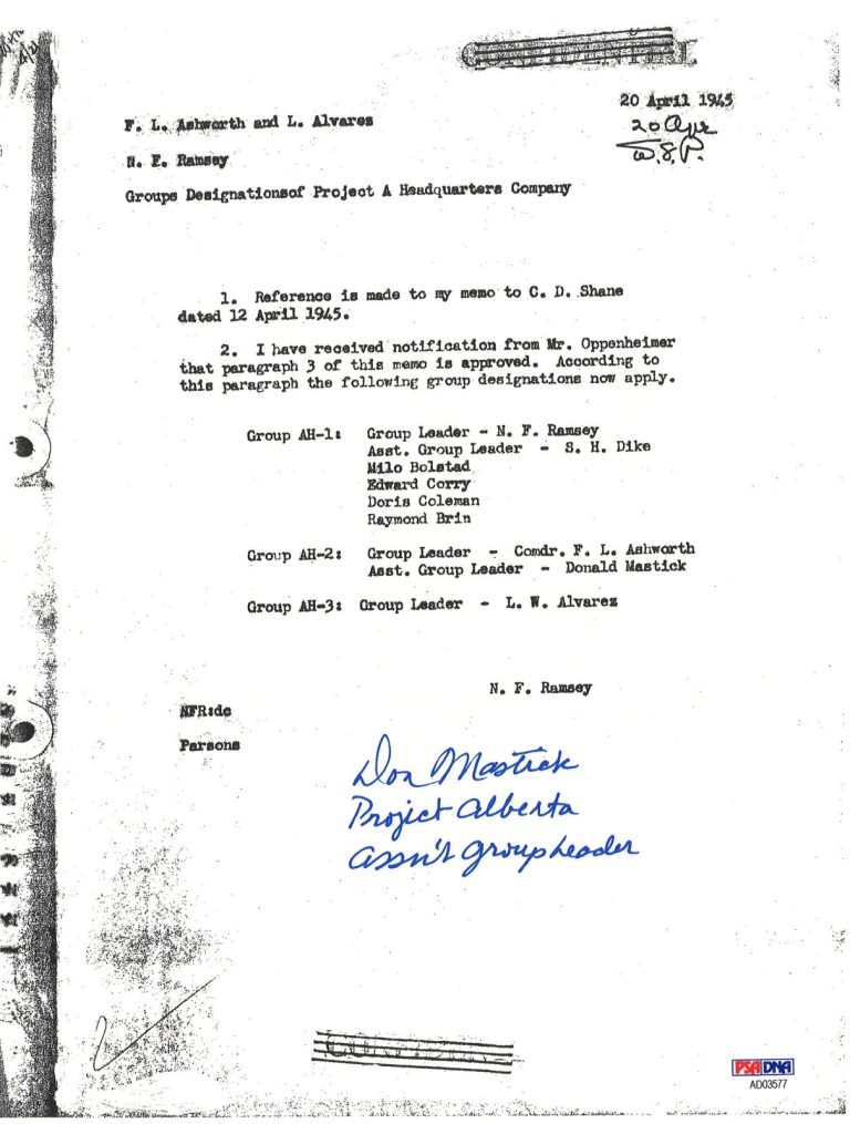 DON MASTICK SIGNED PROJECT ALBERTA DOCUMENT PSA DNA AD03577