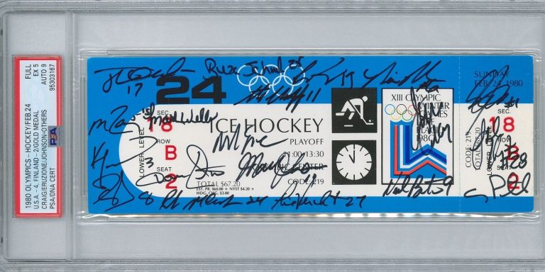 1980 USA OLYMPIC HOCKEY TEAM SIGNED GOLD MEDAL FULL TICKET 19 AUTOS PSA