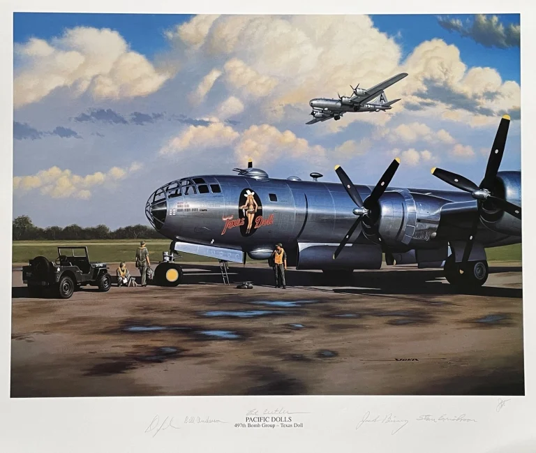 497th BG Texas Doll Signed B-29 Superfortress Print x5 Autos Stan Stokes