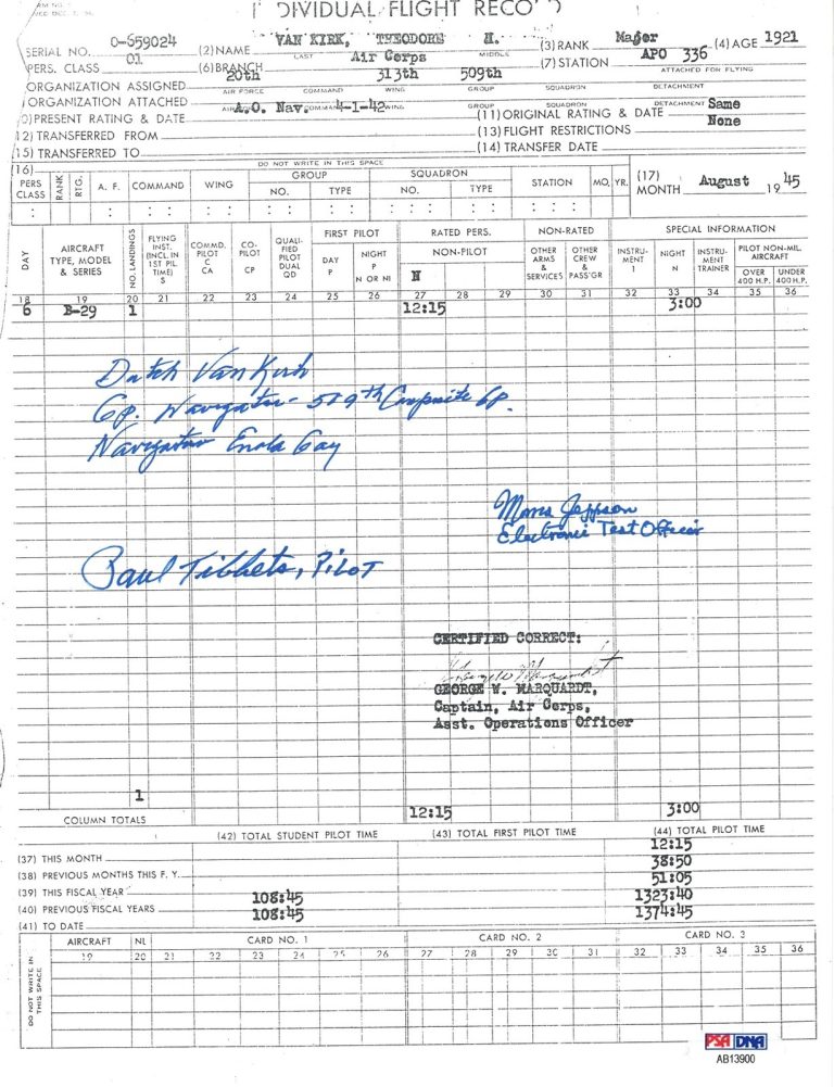 DUTCH VAN KIRK SIGNED FLIGHT RECORD DOCUMENT PSA DNA AB13900 TIBBETS JEPPSON