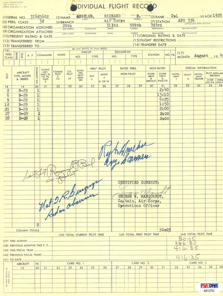 ANSELME / BIEL / BURGWYN SIGNED FLIGHT RECORD PSA DNA AB12752 (D) WWII