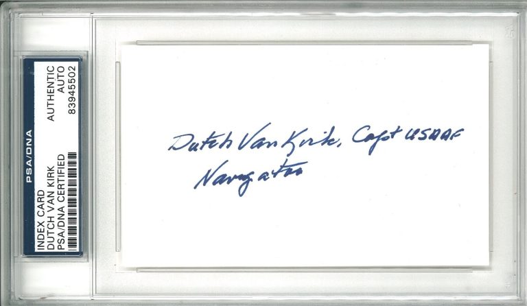 DUTCH VAN KIRK SIGNED INDEX CARD PSA DNA 83945502 (D) WWII ENOLA GAY NAVIGATOR