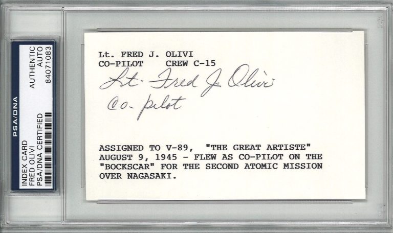 FRED OLIVI SIGNED INDEX CARD PSA DNA 84071083 (D) WWII BOCKSCAR GREAT ARTISTE
