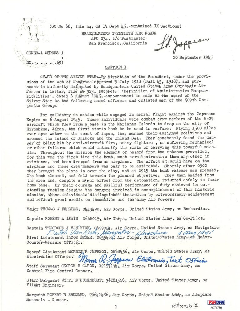 DUTCH VAN KIRK & MORRIS JEPPSON SIGNED SILVER STAR DOCUMENT PSA DNA AC71779 (D)
